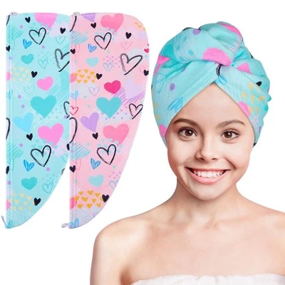 Toalha de cabelo de microfibra envoltório para crianças pacote com 2 toalhas de cabelo de secagem rápida com nádega... - Imagem 1 de 4