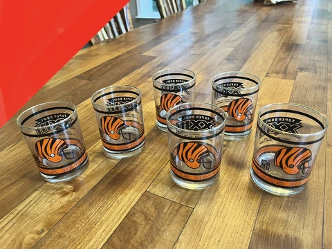 Vintage CINCINNATI BENGAL TIGERS DRINKING GLASSES SUPER BOWL XXIII 1989 Set Of 6 Cover