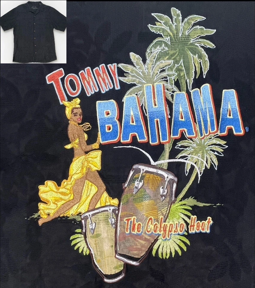 Camisa Hawaiana Tommy Bahama Para Hombres L Negra Seda Hula Niña Calipso Texturizada Floral Foto 1 de 4