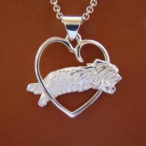 Sterling Silver Bearded Collie Jumping Study Through A Free Form Heart - Picture 1 of 5