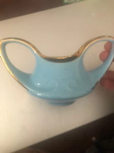 vintage mid 20th century modern turquoise blue and gold porcelain sugar bowl - Picture 1 of 6