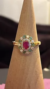 NWT Ruby, Emerald, Moissanite Double Halo Ring 18K Vermeil YG /925 Silver Ring 7 - Picture 1 of 17
