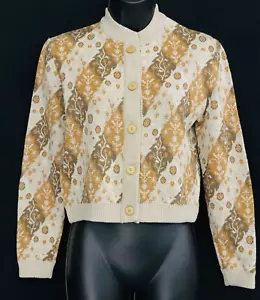 Vintage 1950s striped wool crop sweater, tan brown beige floral cardigan S - Picture 1 of 9