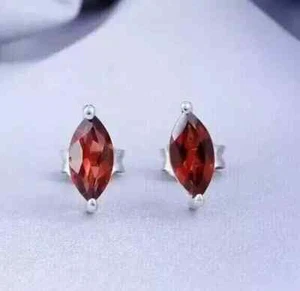 14K White Gold Plated 2Ct Marquise Cut Lab Created Red Ruby Stud Halo Earrings - Picture 1 of 6