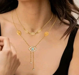 Cubic Zirconia Evil Eye Pendant Necklace Stainless Steel Gift Box Included - Picture 1 of 9