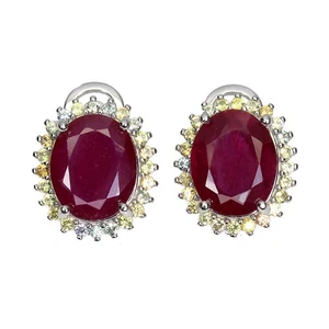 925 Sterling Silver Earrings Oval Red Ruby 11x9mm Sapphire Diamond Cut Jewelry - Picture 1 of 13
