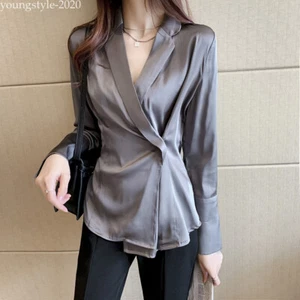 Camicia camicetta OL Elegante Donna Collo a V Asimmetrica Business Formale Seta Satinato Top - Foto 1 di 15