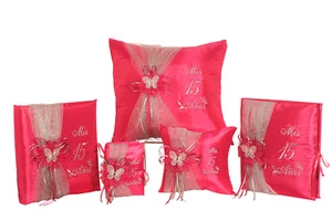 5 pc Fuchsia Quinceanera Mis Quince Set Kneeling Pillow Guest Book Album Bible - Picture 1 of 7