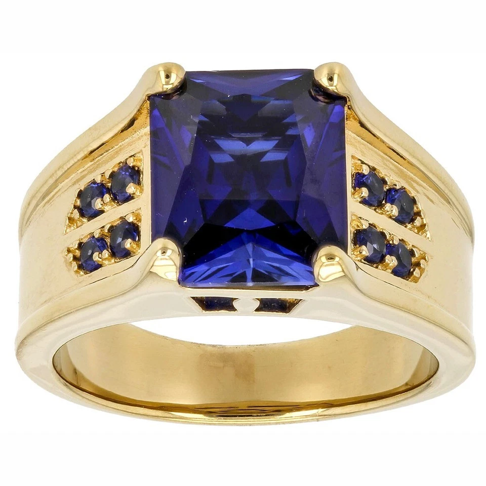 6.64 克拉翡翠切割蓝色蓝宝石 14K 黄金婚戒男士戒指 — 第 1/4 张图片