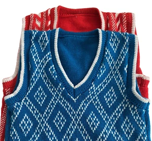 Vtg 2 Kid’s Sweater Grandpa Vest Argyle Peacock Blue And Red White Small 4/6X - Picture 1 of 13