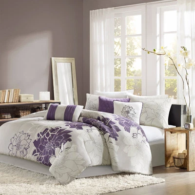 QUALITY BEAUTIFUL 7PC MODERN GREY WHITE PURPLE PLUM CHIC FLORAL COMFORTER SET & PILLOWS