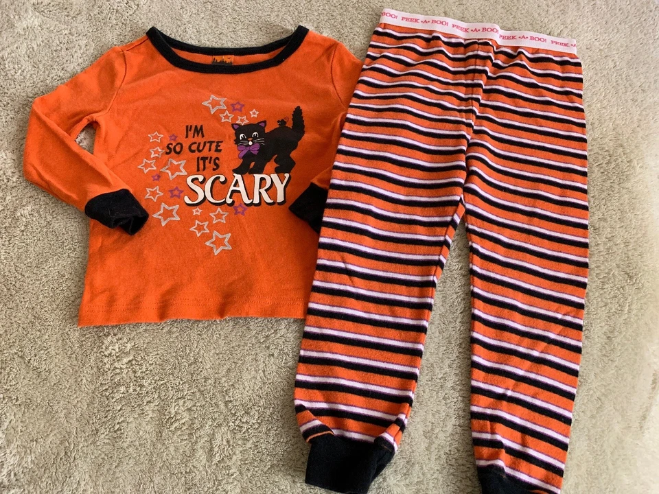 Girls Orange Black Cat I’m So Cute It’s Scary Halloween Snug Long Pajamas 2T - Image 1 of 4