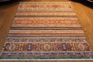 Handmade Knotted Afghan Rug Ghazni Natural Wool background 4x6 Caucasian Design - Picture 1 of 9