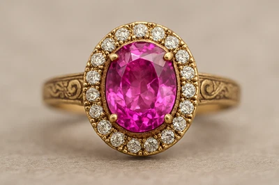 Lab Pink Sapphire Vintage Ring 9X7 mm Gemstone 925 Silver Anniversary Ring Gift - Image 1 of 4