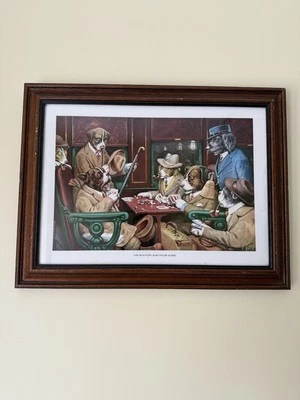 Vintage C.M. Perros con estampado enmarcado Coolidge jugando al póker, su estación y cuatro ases Foto 1 de 4