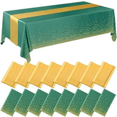 16 Pcs Green and Gold Disposable Plastic Tablecloths and Satin Table Runner S... - Image 1 of 4