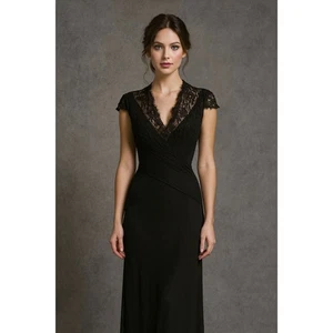 Y2K 2000s Tadashi Black Silk Evening Gown 10 Lace Sequin Illusion Formal Dress - Picture 1 of 1