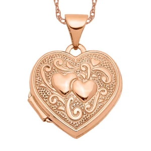 14K Solid Rose Gold Double Heart Photo Locket Necklace - Picture 1 of 12