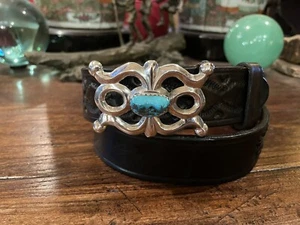 Navajo TURQUOISE Sgn Frank Jimenez Sterling Silver Belt Buckle 29-32-1.5”🐂✅ - Picture 1 of 11
