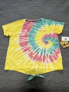 Hang Ten Girls Youth 14 Tie Dye Short Sleeve Tied Shirt Open Back Teal Pink Yell - Picture 1 of 6