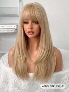 Gold Wig Beige Blonde Wigs For Women Long Straight Layered Wig With Bangs Wig - Picture 1 of 8