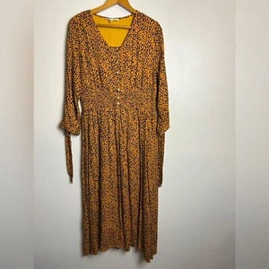Reborn J Midi Dress Sz XL Cheetah V-Neck Feminine Old Money Flowy Casual Mustard - Picture 1 of 15