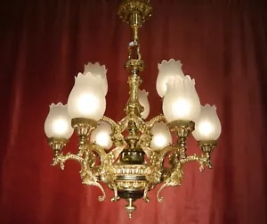 ART DECO DANGEROUS DRAGON CEILING LAMP GOLD BRONZE CHANDELIER GLASS VASES Ø 26" - Picture 1 of 9