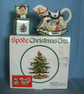 NEW~SPODE CHRISTMAS TREE ROCKING HORSE CREAMER & JACK IN THE BOX SUGAR BOX - Picture 1 of 11