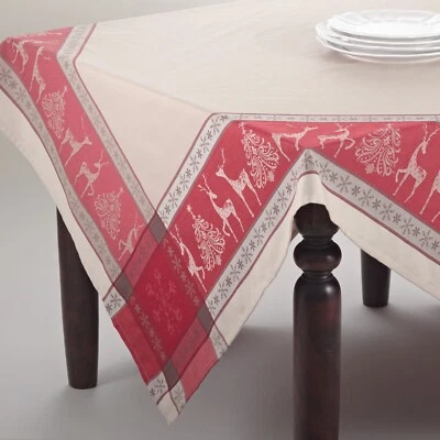 Red w Beige Jacquard Reindeer Christmas Tree Border Holiday Tablecloth 70 sq - Image 1 of 2