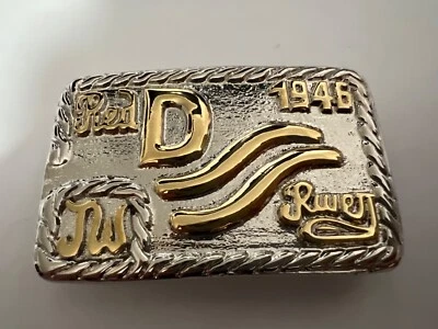 John Wayne GOLD/NICKEL Red River D Brand Belt Buckle Movie Westerns JW INITIALS - Image 1 of 4