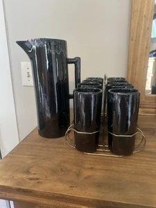 Vtg Van Briggle Art Pottery Pitcher 8 Tumblers MCM Anna Cocktail Set Blue Drip - Picture 1 of 16