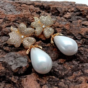 White Sea Shell Pearl Teardrop Shape Cz  Pave Flower Stud Earrings - Picture 1 of 5