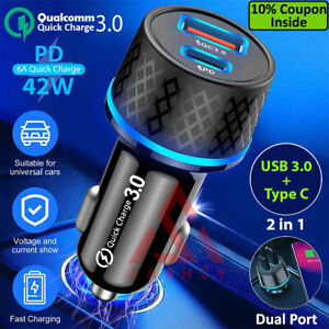 Car Charger Dual USB Type C Quick Charging Cigarette Charger For iPhone Samsung