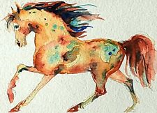 ACEO  horse running Art signed print stallion,equine,equestrian,home design 