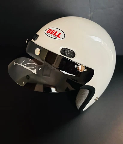 Mario Andrettl SIGNED Bell RT Full Size Medium White Helmet with Visor Indy 500 Cover