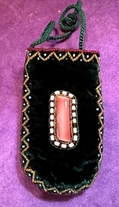 VINTAGE VELVET BEADED BAG - BOHO HIPPIE - DARK GREEN - CABOCHON & BEADS - Picture 1 of 11