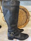 Ann Taylor Riding Boot Black Leather Side Zip Buckle Knee High Boot Women's 10 M