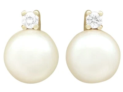 Vintage 0.06 Ct Diamond and Cultured Pearl 14k Yellow Gold Stud Earrings - Image 1 of 4