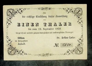 1856 Vordeutsches Reich Cothen in Anhalt 1 Thaler Banknote - Bild 1 von 2