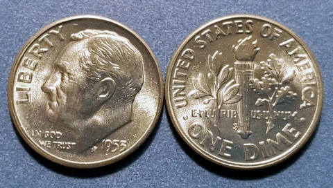 1953S Roosevelt Dime Brilliant Uncirculated from an original BU roll Cover