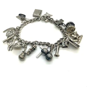 Vintage Sterling Silver Signed Mexico Handmade Cowboy Theme Charms Bracelet sz 6 - Picture 1 of 9