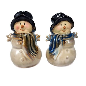Vintage Snowman Salt Pepper Shakers 3.25in Stoneware Brown Blue Reactive Glaze - Picture 1 of 13