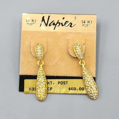 Pendientes colgantes nuevos en tarjeta vintage Napier oro 14k poste cristal pavé Foto 1 de 4