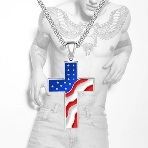 4th Of July Neck Chain Men Male Cross Pendant Independent Day Necklace - Picture 1 of 18
