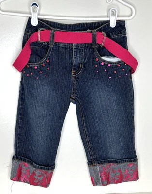 Pantalones de mezclilla capri vintage Y2K Disney Hannah Montana niñas 8 azul rosa cinturón brillante Foto 1 de 4