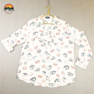 Milk & Honey White Blouse Button Up Artsy Lips Eyes Novelty Preppy Women's XL - Picture 1 of 9