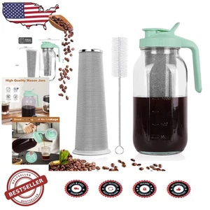 Large 64oz Green Glass Pitcher, Leakproof Spout Lid, Fine Stainless Steel Filter - Picture 1 of 9