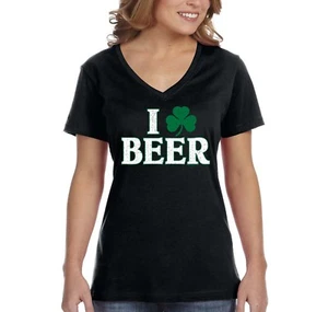 Damen-T-Shirt I Love Beer St. Patricks Day Kleeblatt Party irisches Kleeblatt V-Ausschnitt - Bild 1 von 6