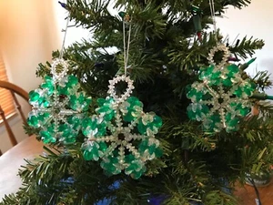 3 Beaded Green & Crystal Snowflake Tree Ornaments - Picture 1 of 2