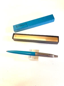 1970s Parker Jotter Turquoise Ball Pen Smooth button USA Brass Threads Orig box - Picture 1 of 6